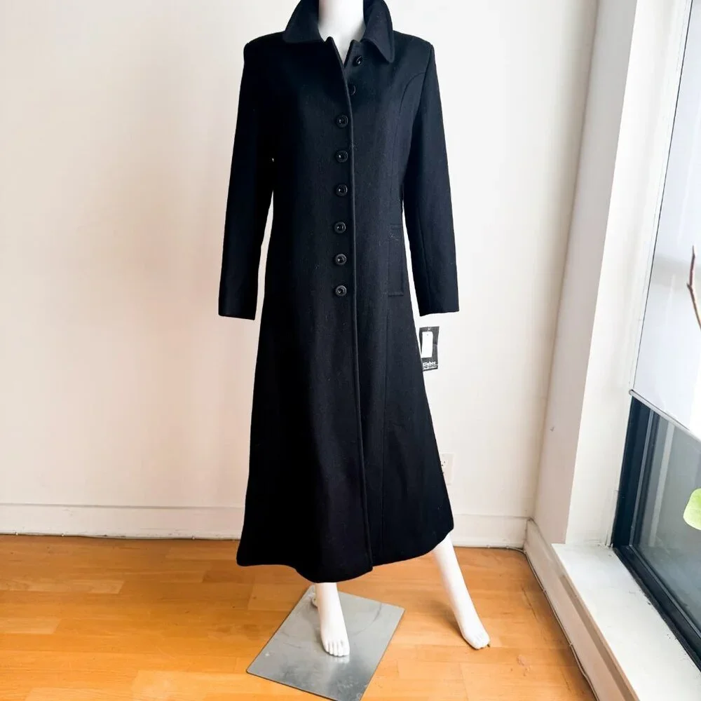 Vintage 90s Ellabee Deadstock Black Wool Blend Maxi Minimalist Coat 10 - Picture 3 of 8